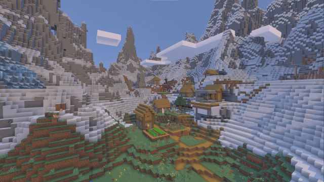 A Plains Village with a ruined Nether portal and a blacksmith in a Minecraft mountain crater