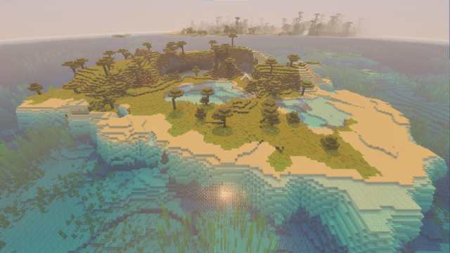 A Minecraft Savanna biome island with an Abandoned Camp