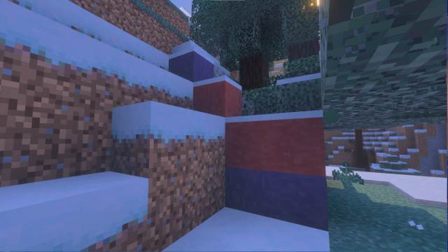 A set of Minecraft Trail Ruins covered in snow