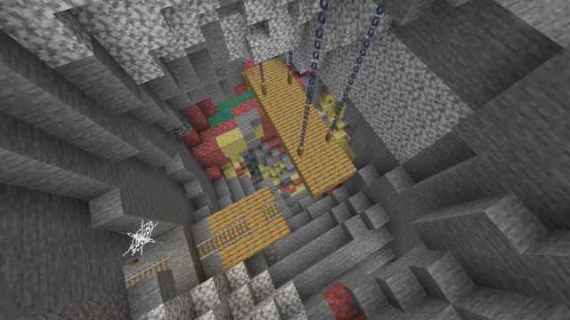 A mineshaft at the top of a Sulfur Cave biome in Minecraft