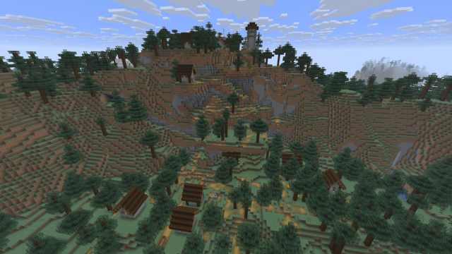 A Taiga Village with an Abandoned Campsite on the side of a Minecraft hill