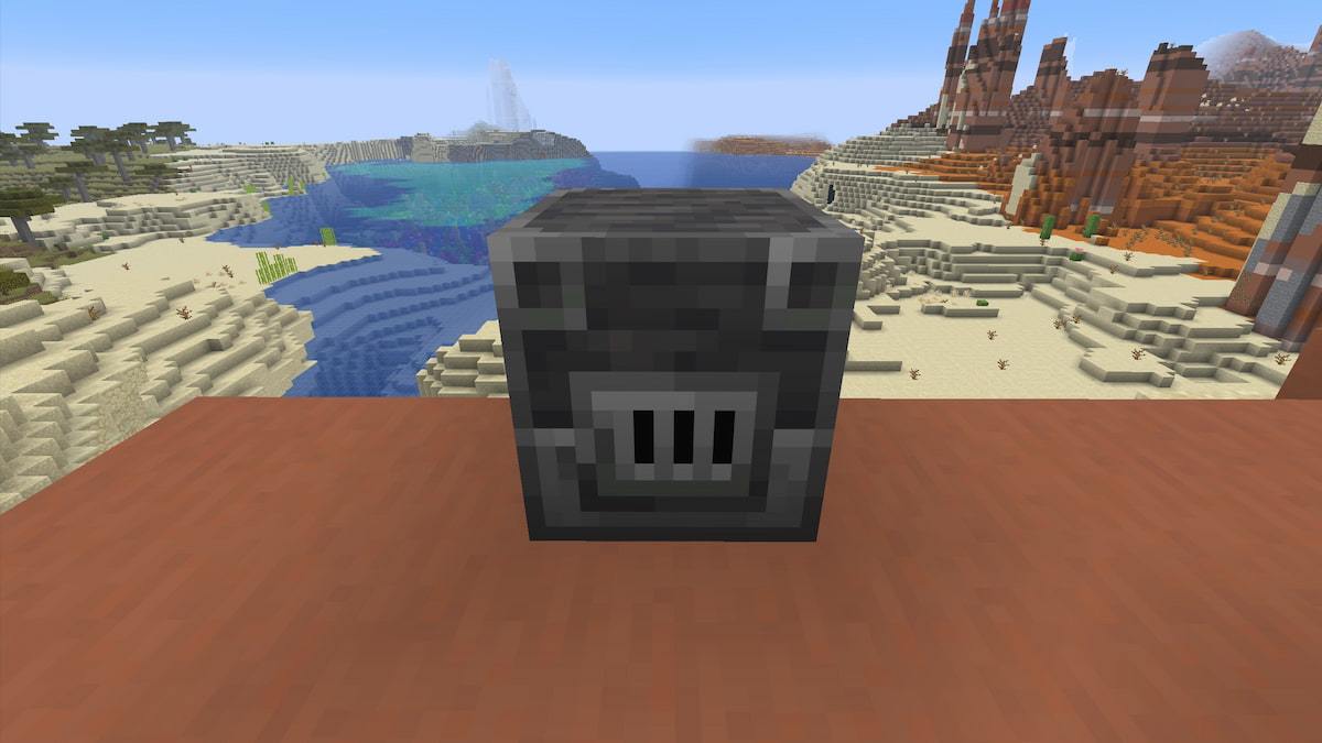 A Blast Furnace in front of Desert, Badlands, and Coral Reef biomes in Minecraft