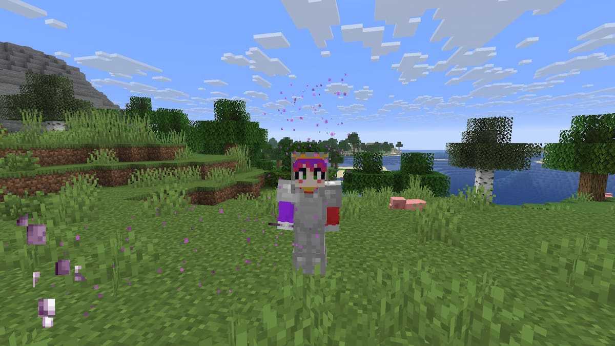 A Minecraft player teleporting using a Chorus Fruit