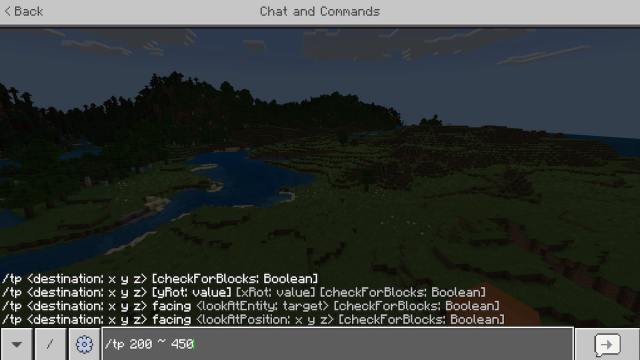 An example of a teleport command in Minecraft