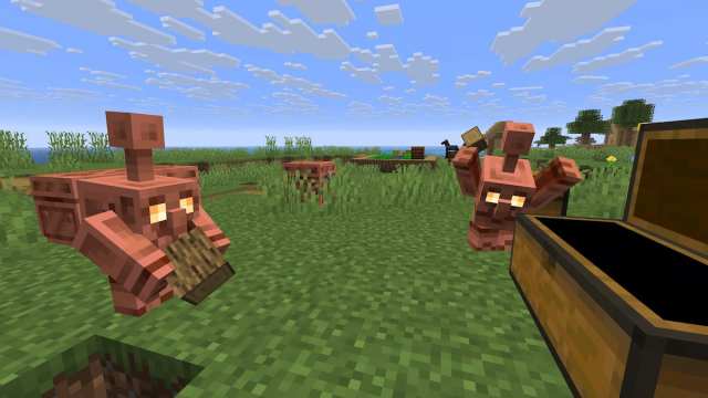 Copper Golems sorting items into a regular chest in Minecraft