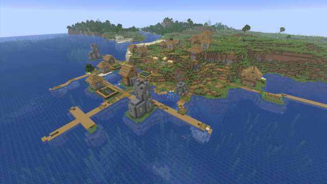 A Minecraft Plains Village with an exposed Cold Ocean Ruin