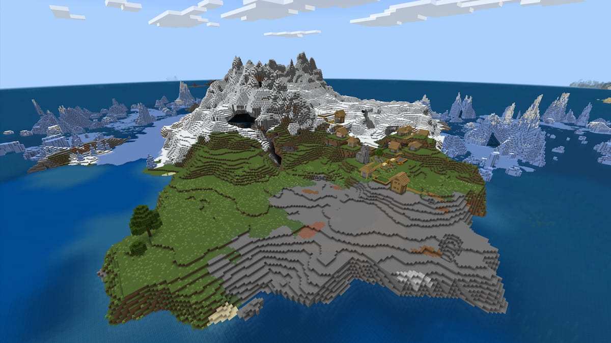 A Minecraft Plains Village on the side of an island with a large mountain