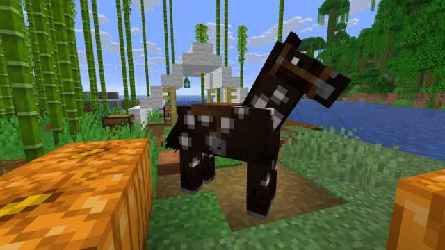 A horse wearing a saddle in Minecraft