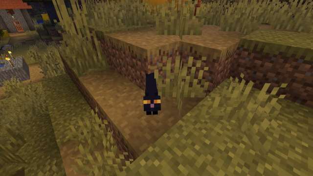 A black cat in a Minecraft village during a full moon