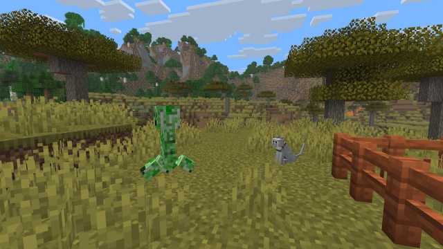 A creeper running from a cat in Minecraft