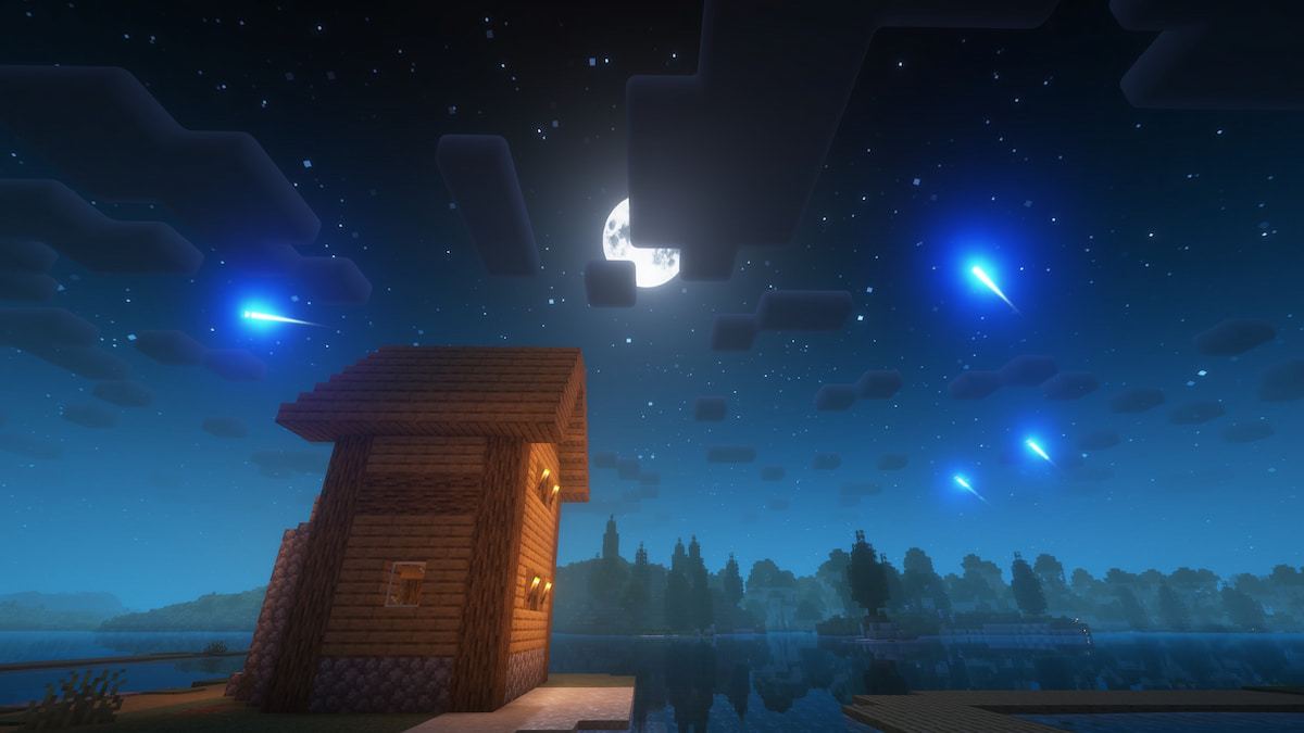 Watching shooting stars in a Minecraft world using the Fantasy Unbound Shader pack