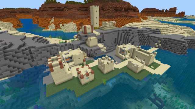 An abandoned Desert Village with two Blacksmiths and a small Warm Ocean Ruin