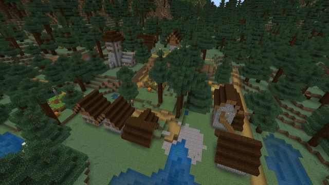 A Minecraft Taiga Village with a set of Trail Ruins