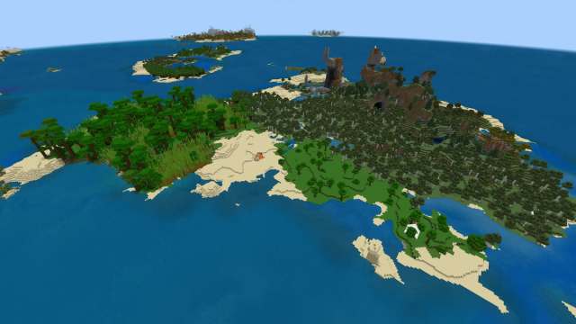 A Minecraft island made up of Old Growth Birch Forest and Bamboo Jungle biomes with an Abandoned Camp