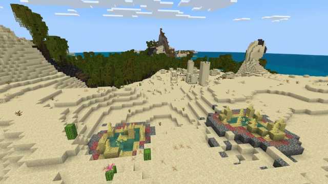Two Sulfur Springs near a Desert Village in Minecraft