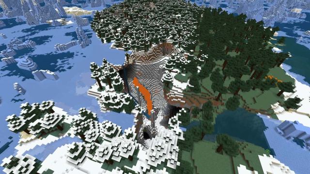 A Minecraft Snowy Taiga island with a large, deep cavern cutting through a Frozen Ocean