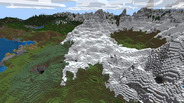 A tall Pillager Outpost in a mountain next to an ocean biome and a Minecraft Plains Village