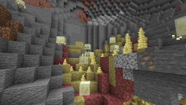 A bunch of Sulfur Slimes in a Minecraft Sulfur Slime Cave