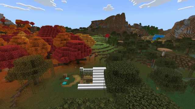 An Abandoned Camp in a Swamp biome near a Dappled Forest and a Minecraft Plains Village with a Blacksmith
