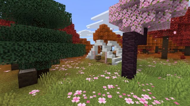 A Minecraft Abandoned Camp with a Cherry Grove, a Dappled Forest, and a lone Spruce Tree