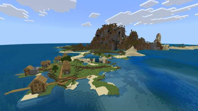 A Minecraft island made up of Beach, Plains, and Windswept Savanna biomes with a Plains Village