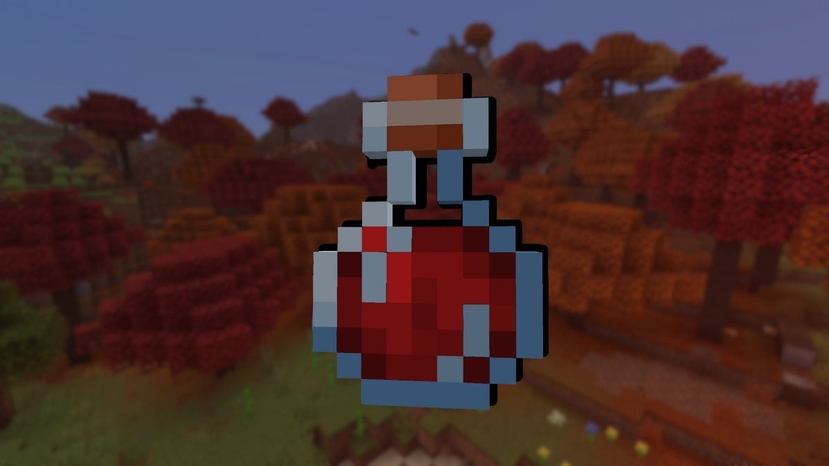 A Minecraft Potion of Healing in front of a dark Dappled Forest biome