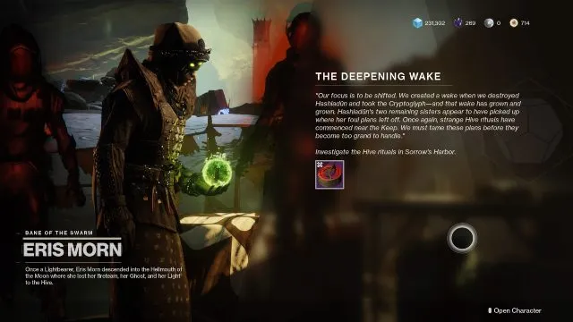 Getting The Deepening Wake quest from Eris Morn on the moon in Destiny 2. 