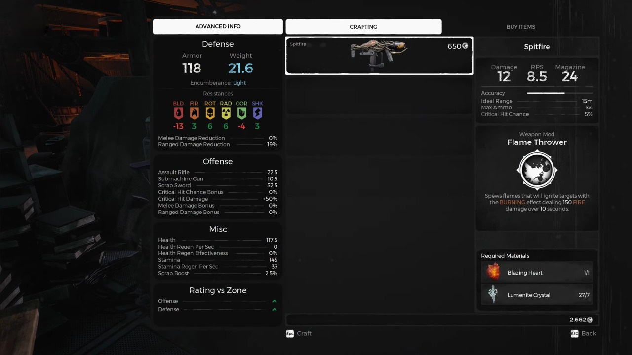 Spitfire gun information page in Remnant: From the Ashes