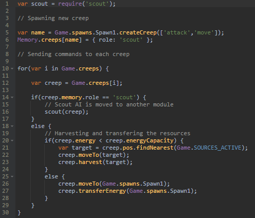code snippet from Screeps, a programming MMO