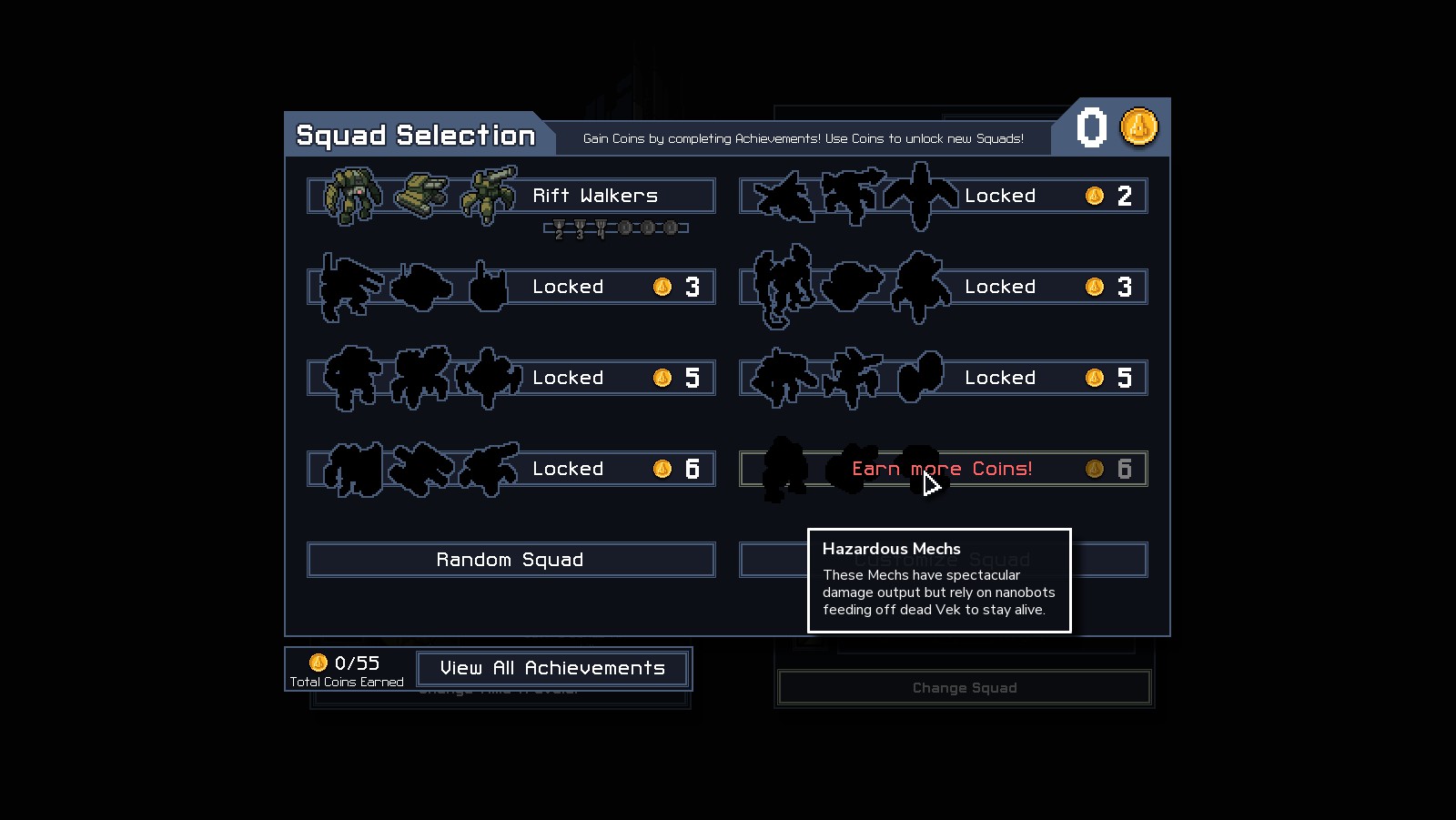 The squad selection and unlock screen in Into the Breach