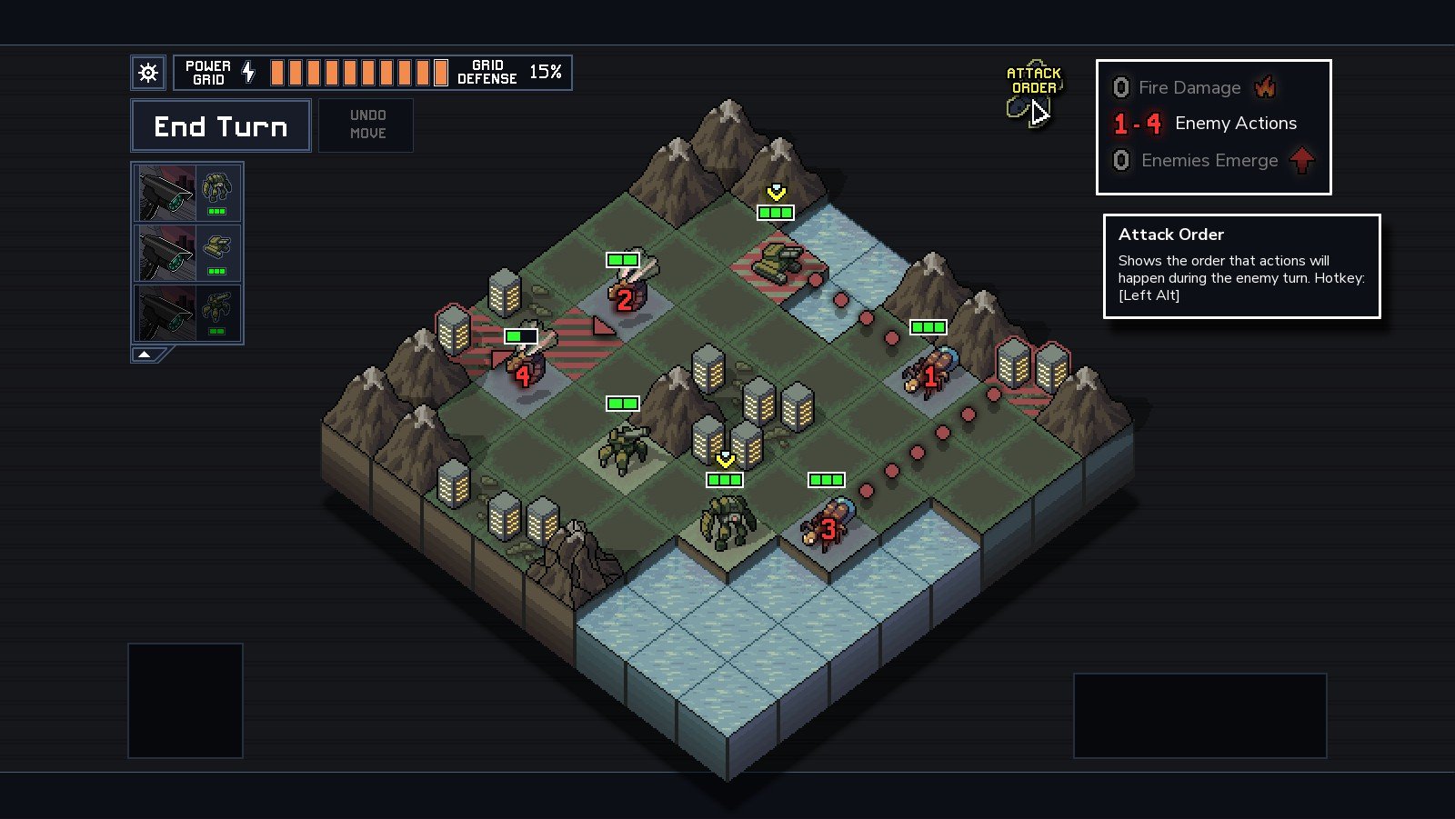 Units fight on an 8 x 8 grid battlefield in Into the Breach