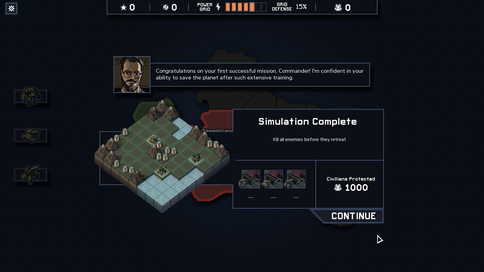 The simulation complete screen in Into the Breach shows a man in glasses congratulating the player on completing the mission
