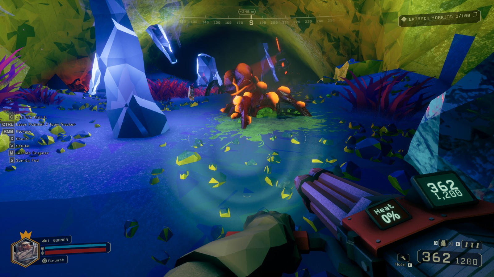 A player holds a minigun in a blue and green cave as he searches for gems in Deep Rock Galactic