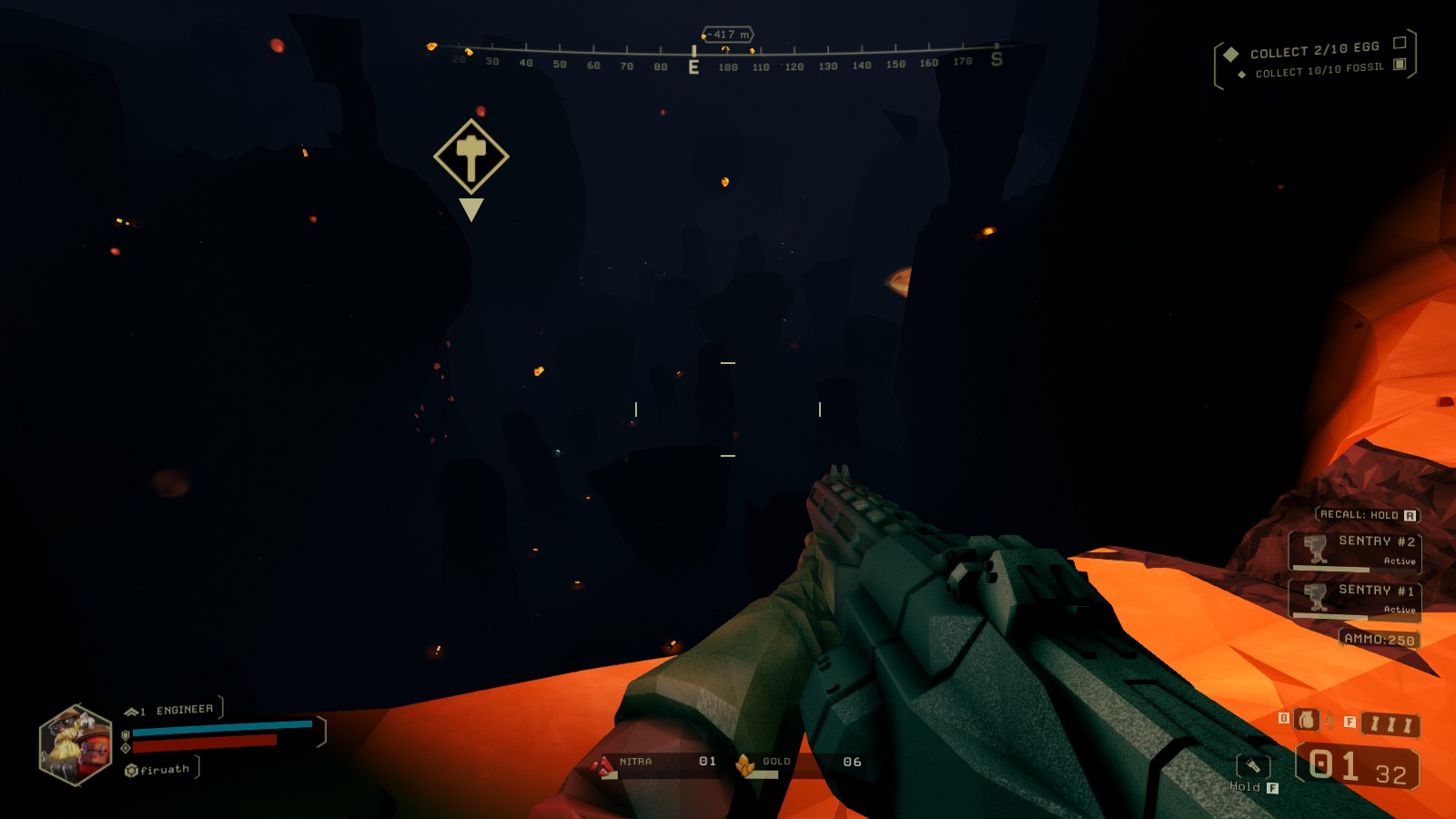 A player holds a shotgun on a precipice overlooking a dark abyss in Deep Rock Galactic