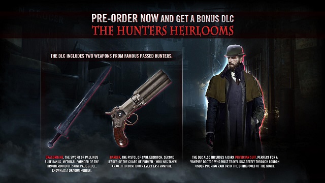 Vampyr Hunters Heirlooms DLC graphic showing sword, pistol, and man in a sherlock holmes outfit