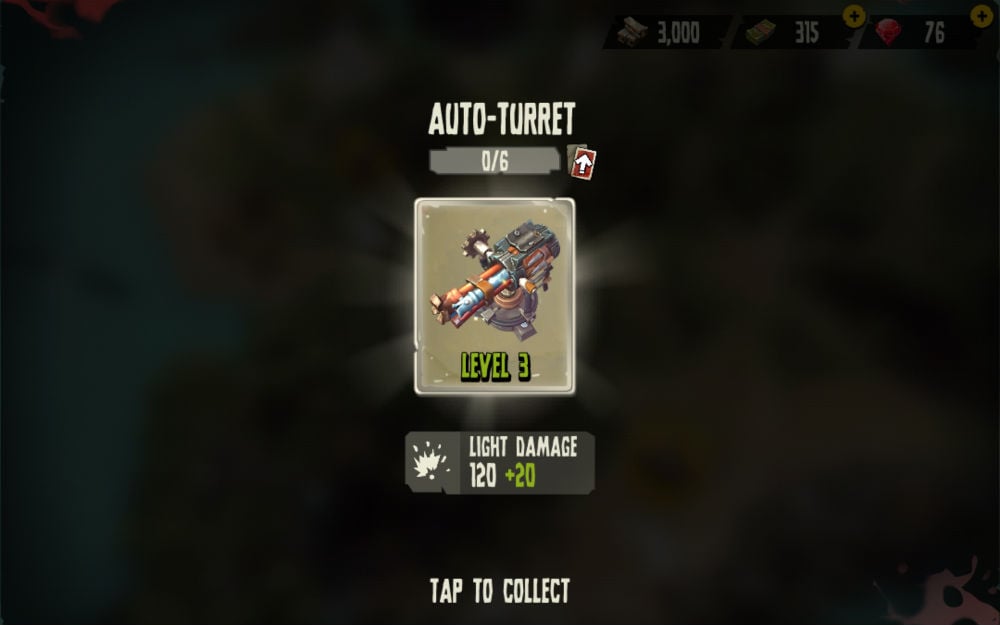 The trap upgrade screen in Dead Island Survivors shows the auto-turret at level 3