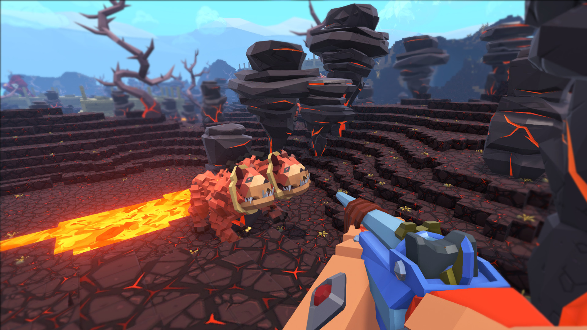 aiming down the sights at a two-headed creature standing by some lava in PixARK