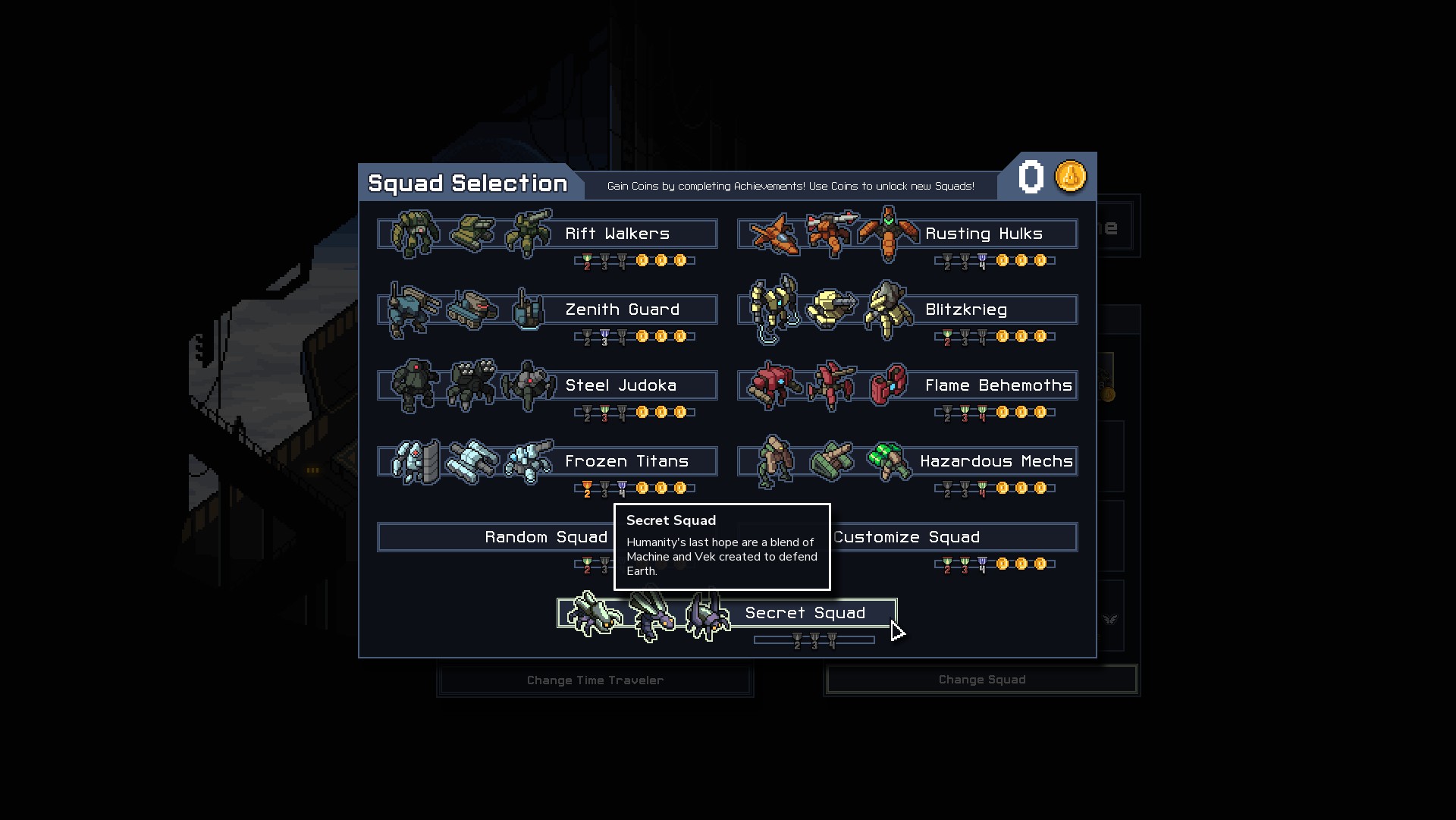 Squad Selection screen in Into the Breach