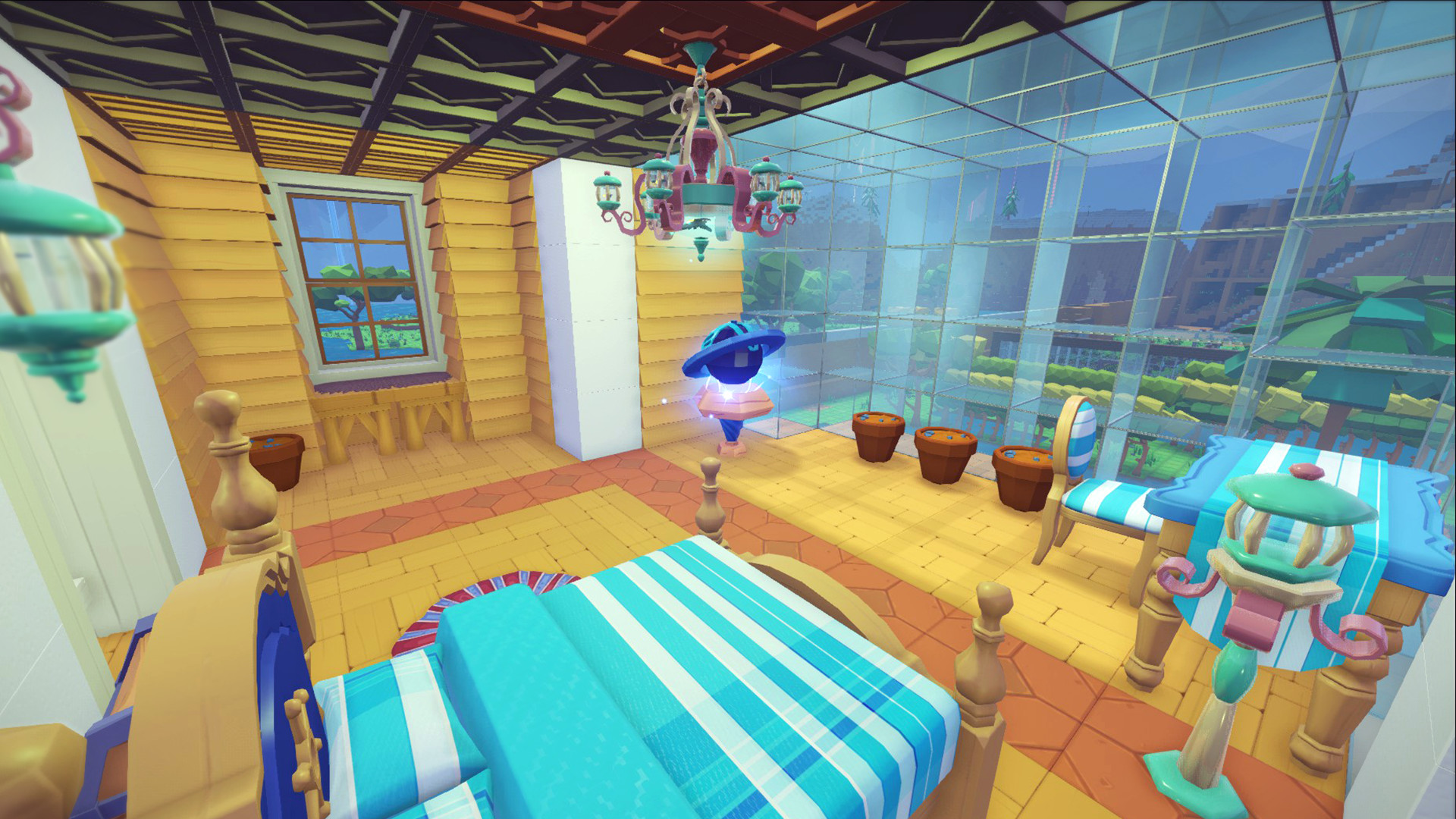 a well-decorated room full of vibrant colors and a comfy bed in PixARK