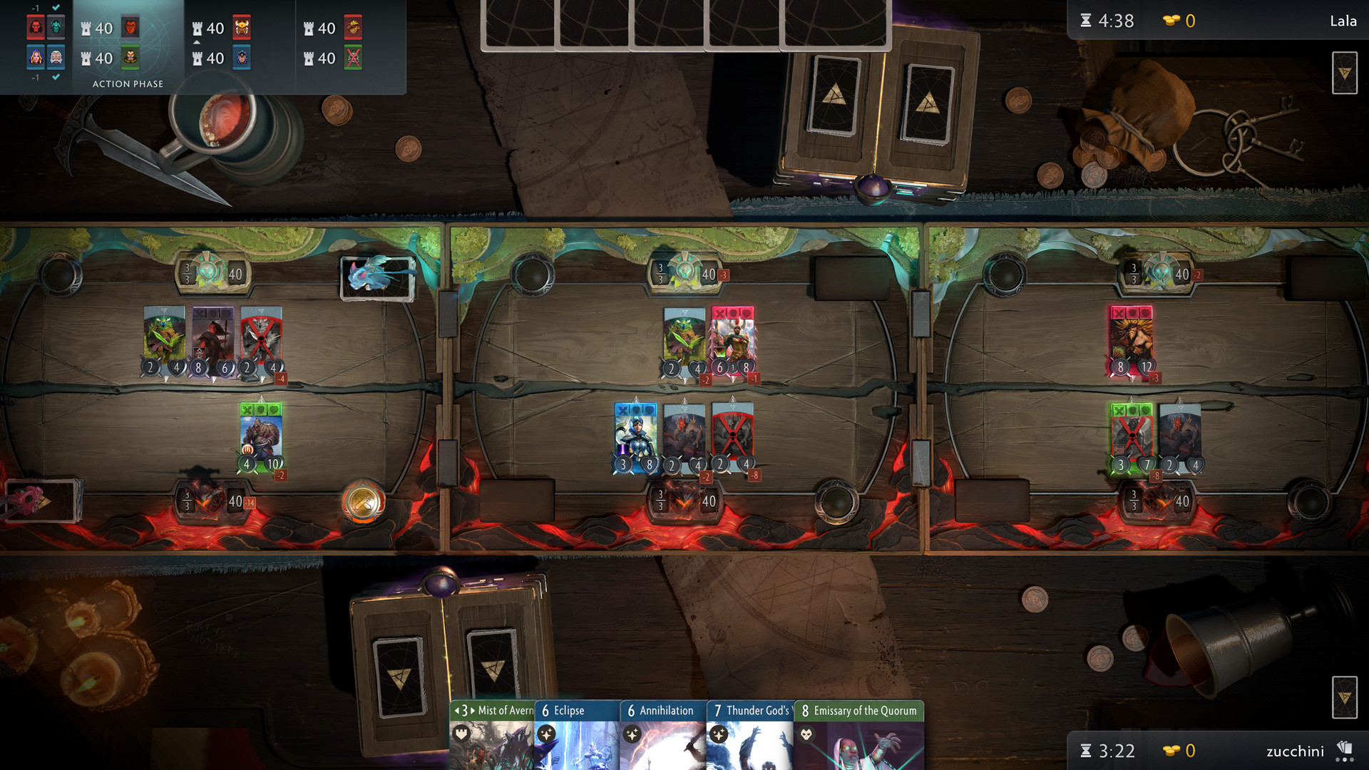 Artifact's three lanes show cards being played 
