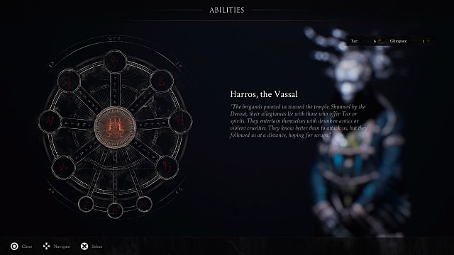 A wheel of interconnected circles showing abilities for Harros, the Vassal.