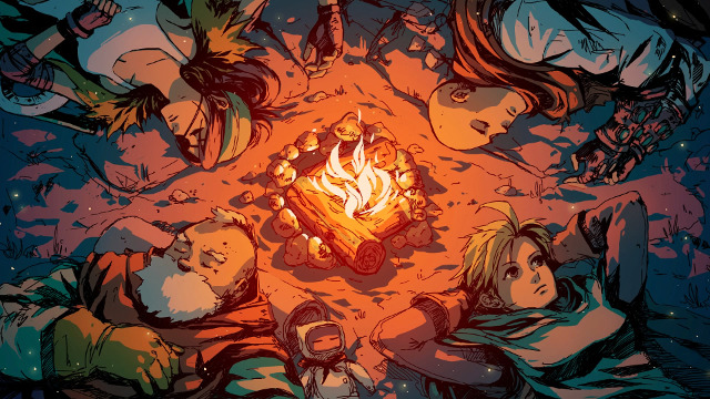 Resting by a campfire in Aegis Defenders