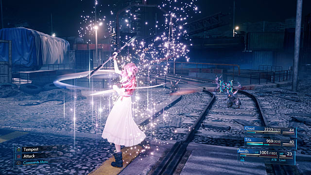Aerith casts a spell in Final Fantasy 7 Remake. 