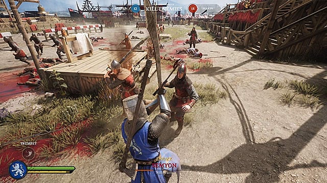 Agathian Vanguard attacking a Mason soldier with a Messer in tournament grounds.