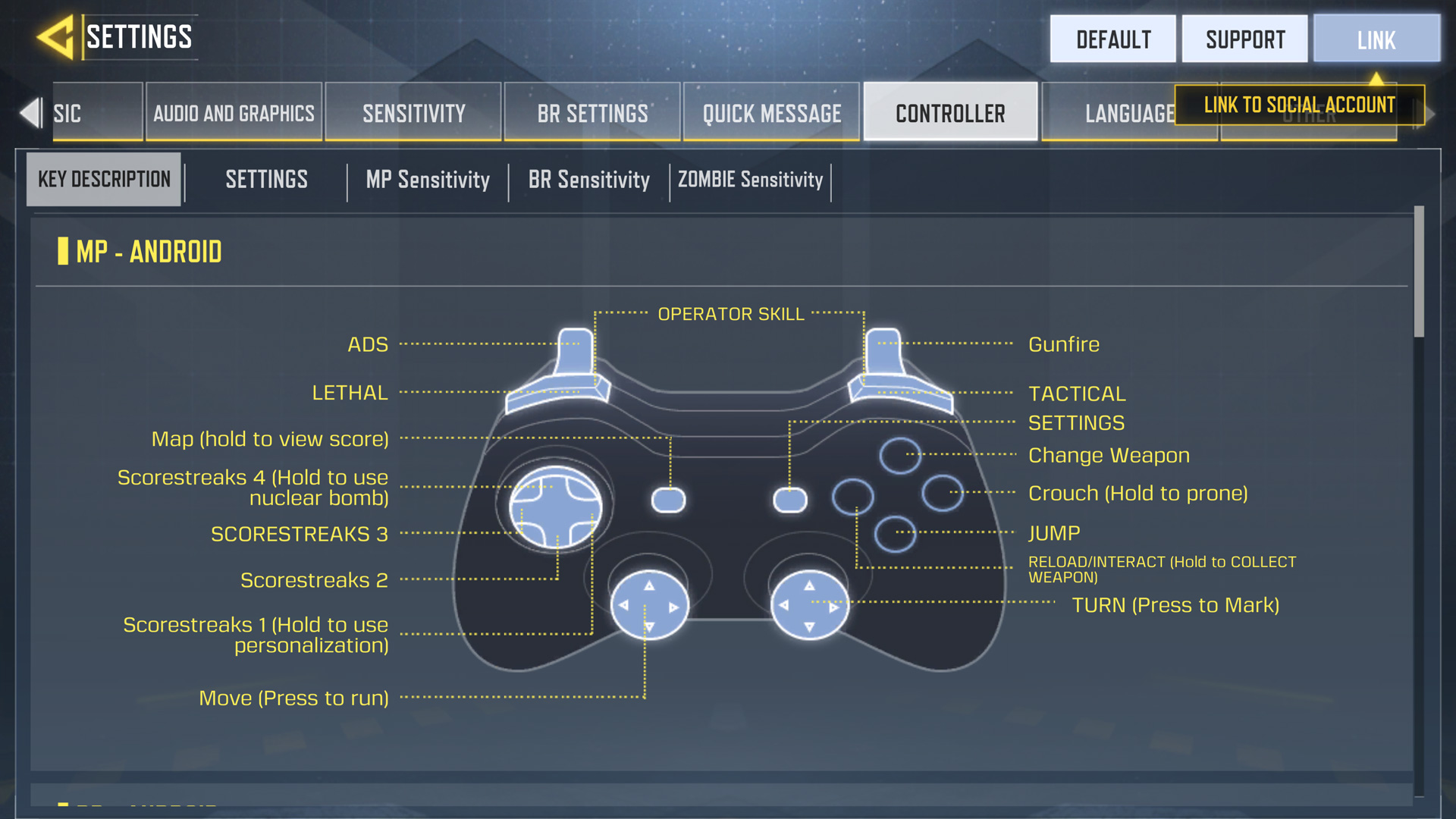 Call of Duty Mobile controller support button map before it was removed from the game. 