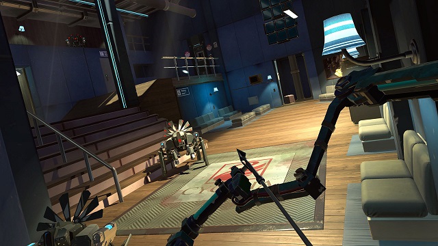 Aiming the bow and arrow at a robot inside Apex Construct's research facility