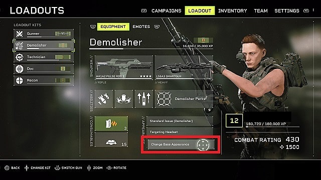 Female demolisher holding a smart gun in the Loadout Kit menu with 