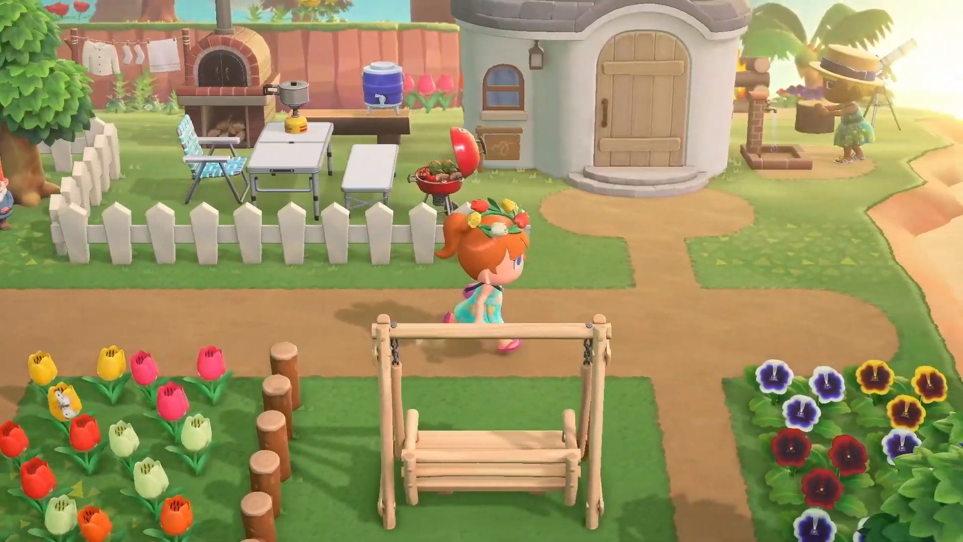 Running down a path by a house in Animal Crossing New Horizons.