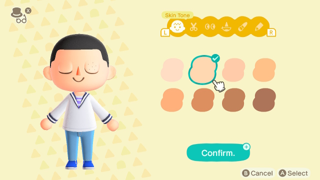 The character customization menu in Animal Crossing: New Horizons 