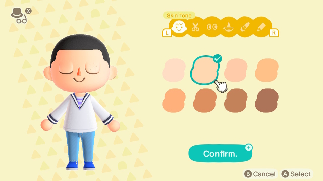 Le menu de personnalisation des personnages dans Animal Crossing : New Horizons 